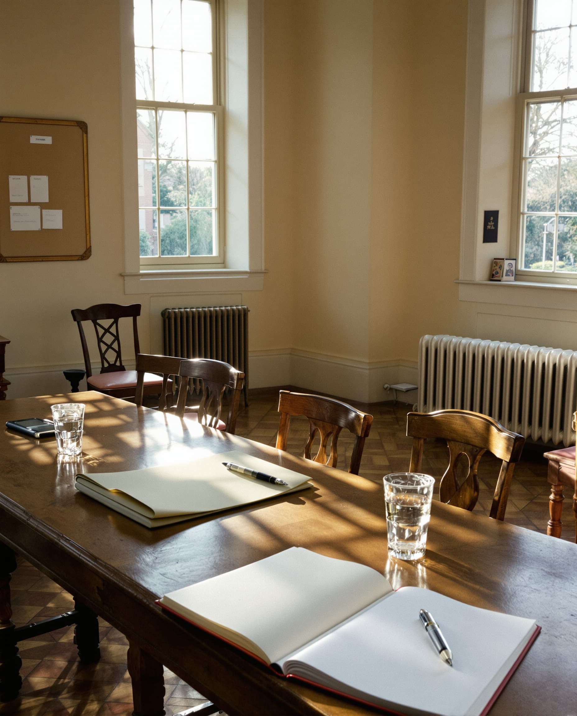 An empty British committee room in late-afternoon light, with a wooden table, open notebooks and tall sash windows.
